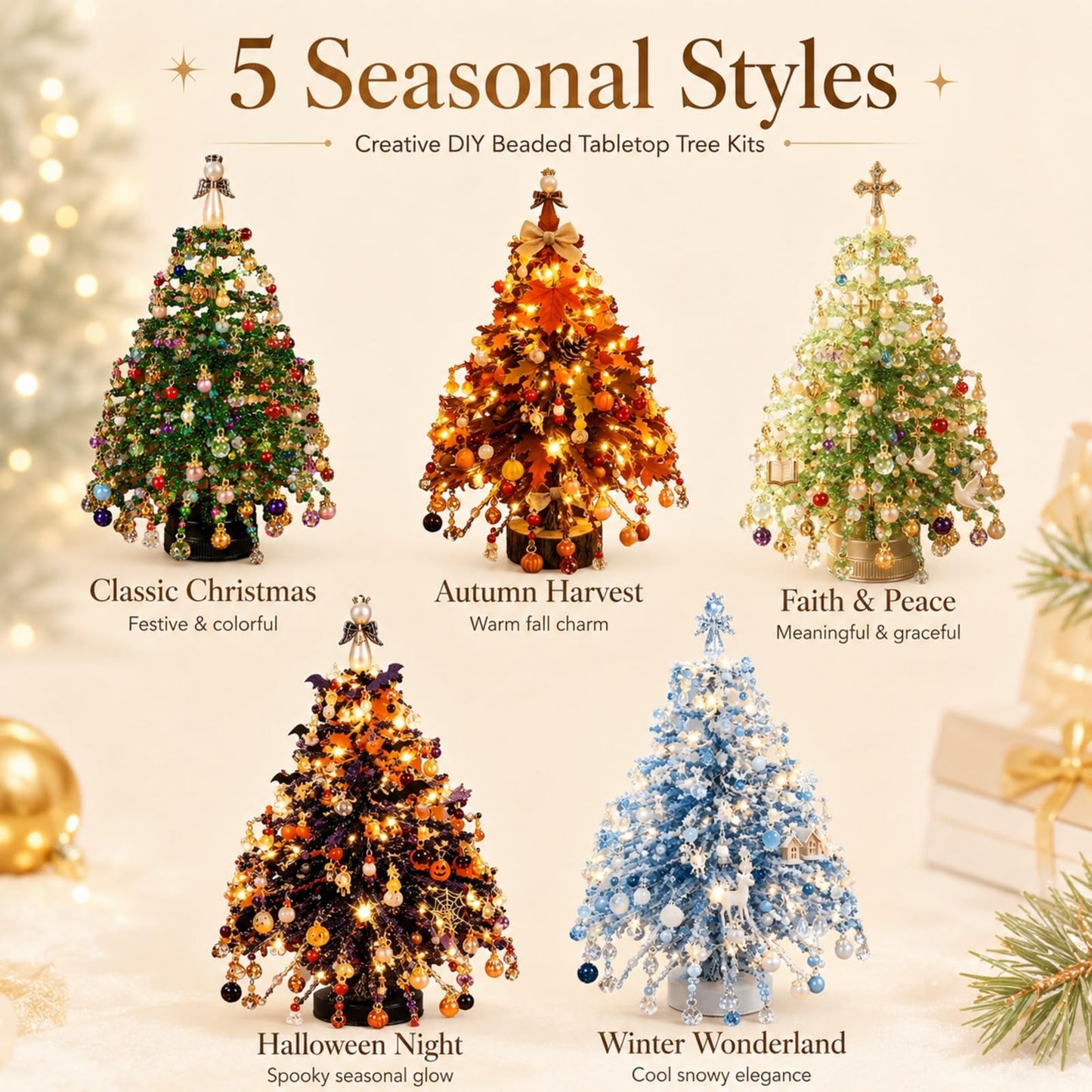 LED DIY Beaded Christmas Tree Kit, Handmade Mini Desk Xmas Bead Art,