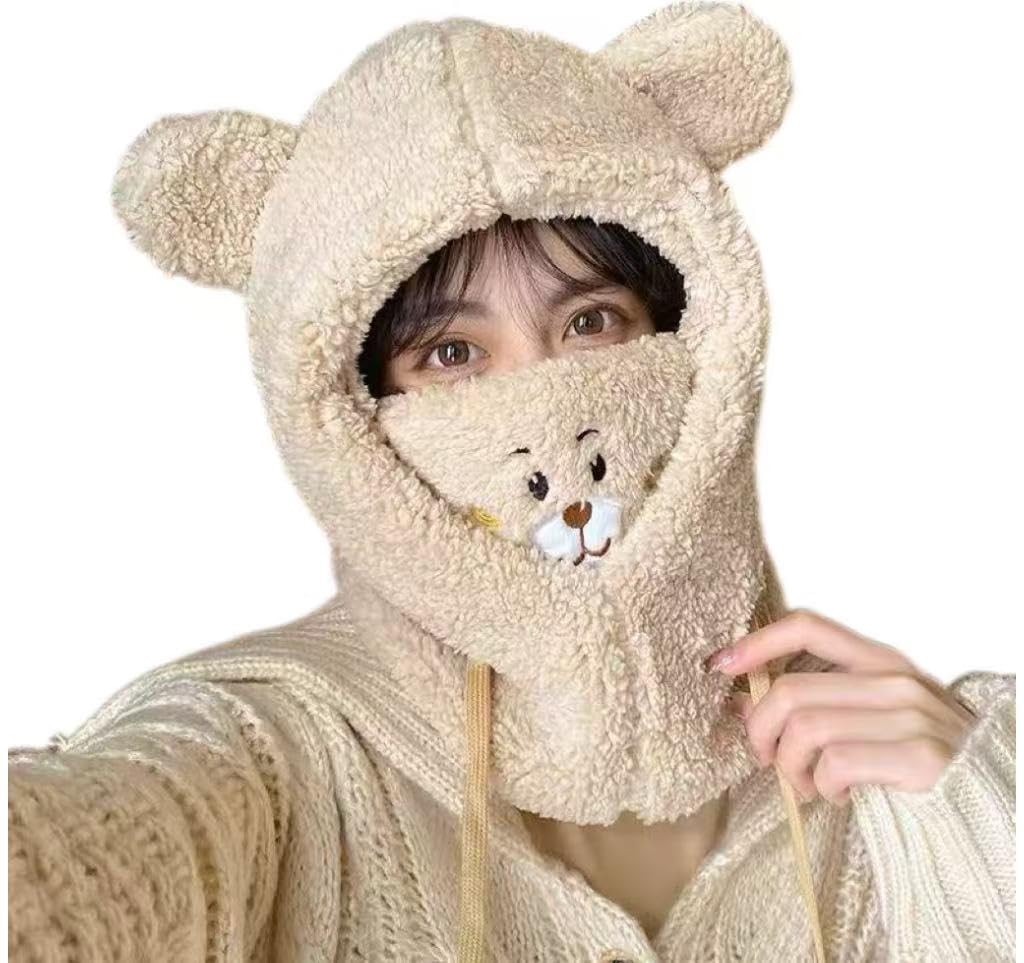 Women's Cute Bear Warm Knit Hat, All-in-One Windproof Winter Scarf and Outdoor Hood