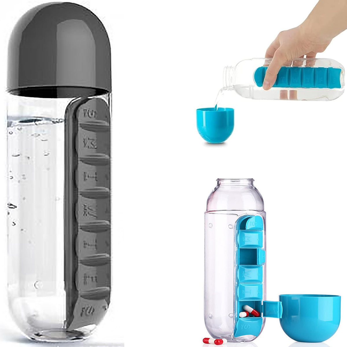 2 in 1 Pill Box Cup Organizer with Water Bottle, 7 Day Pill Organizer Case, 600 ML Daily Medicine Storage Box