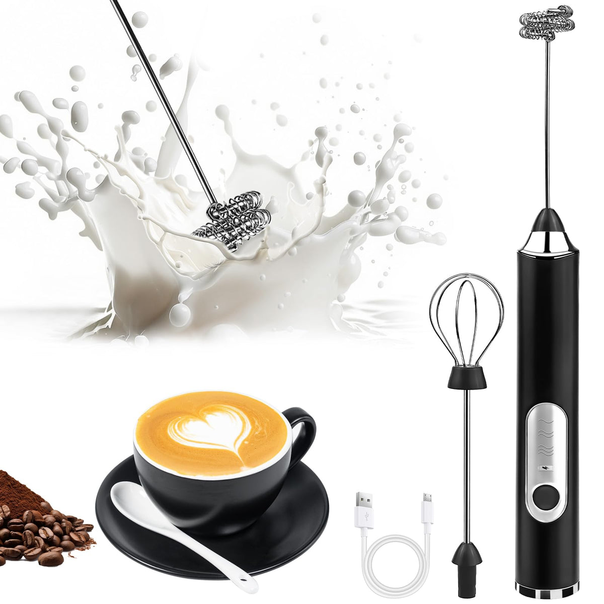 2-in-1 Handheld Electric Coffee Frother, Adjustable Speed Milk Mixer