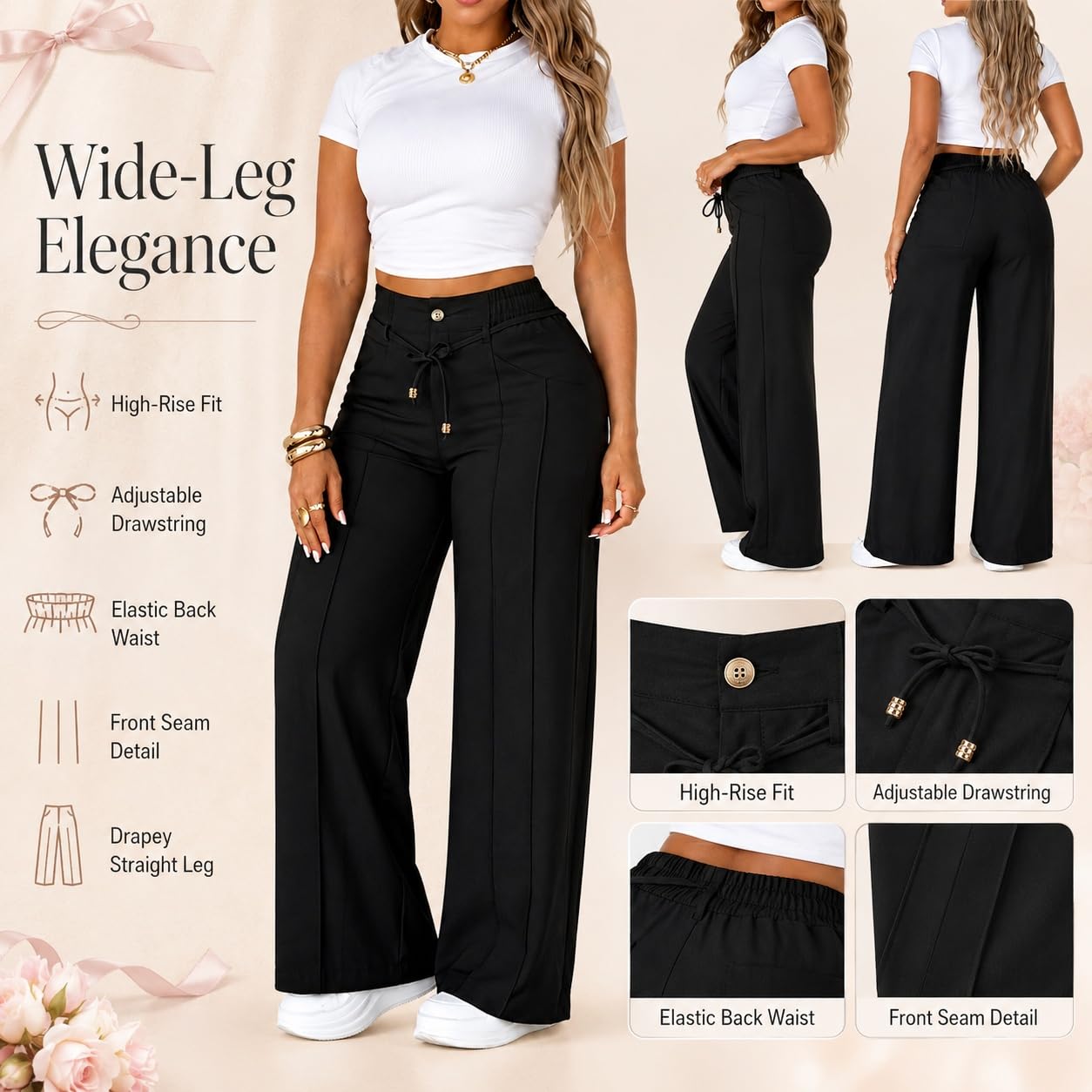 Women's High Waisted Wide Leg Pants with Drawstring and Front Seam
