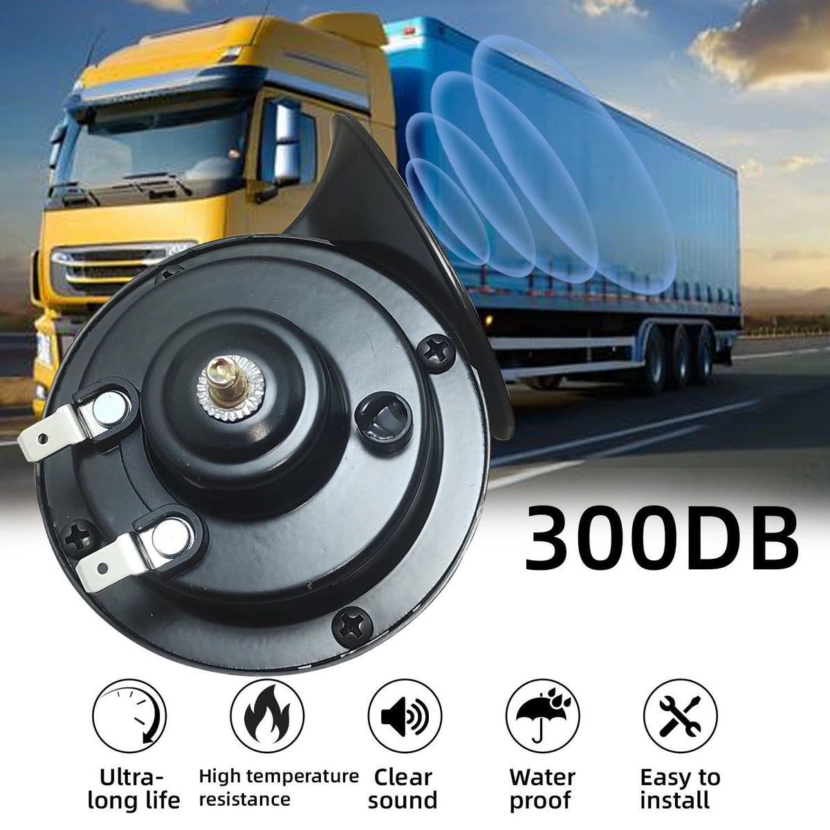 300DB Super Loud Train Horns，12V Loud Dual-Tone Waterproof Electric Snail Horn Kit