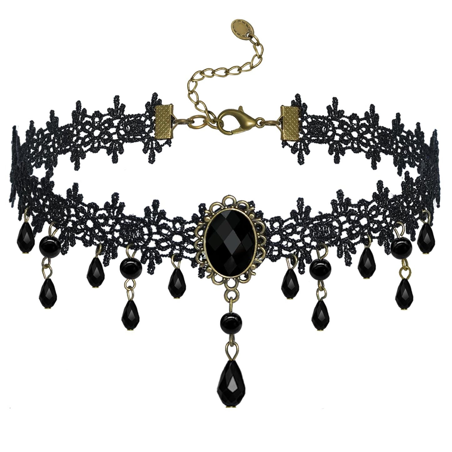 Gothic Black Choker Necklace for Women ,Adjustable Vintage Goth Velvet Lace Collar Crystal Pendent Necklace