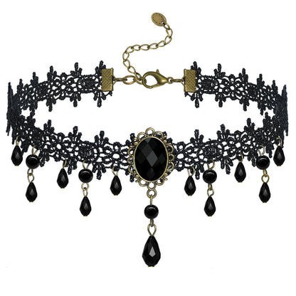 Gothic Black Choker Necklace for Women ,Adjustable Vintage Goth Velvet Lace Collar Crystal Pendent Necklace