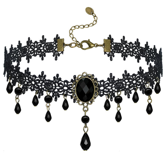 Gothic Black Choker Necklace for Women ,Adjustable Vintage Goth Velvet Lace Collar Crystal Pendent Necklace