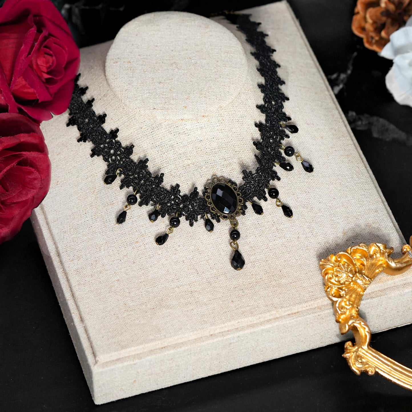 Gothic Black Choker Necklace for Women ,Adjustable Vintage Goth Velvet Lace Collar Crystal Pendent Necklace