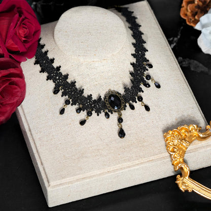 Gothic Black Choker Necklace for Women ,Adjustable Vintage Goth Velvet Lace Collar Crystal Pendent Necklace