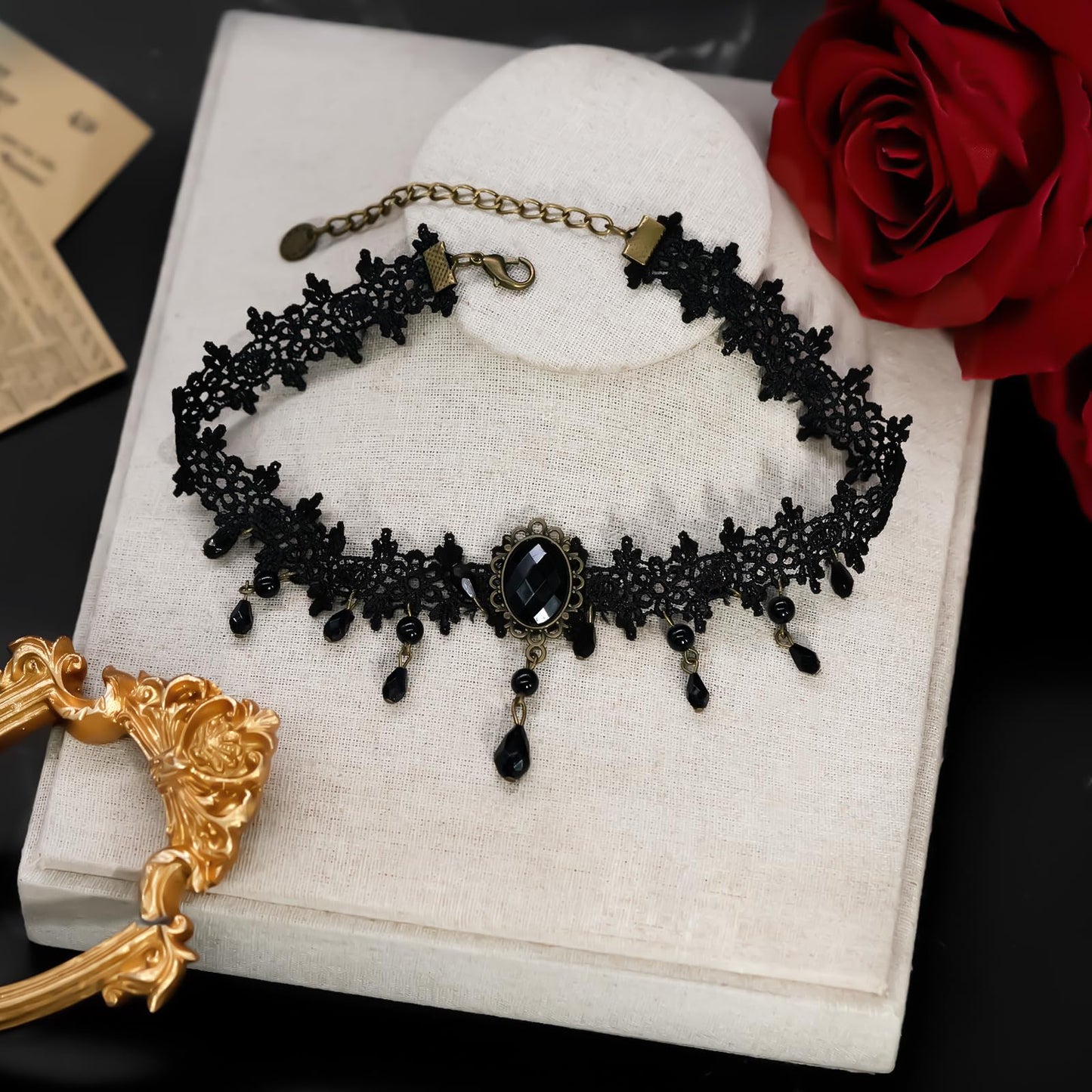 Gothic Black Choker Necklace for Women ,Adjustable Vintage Goth Velvet Lace Collar Crystal Pendent Necklace