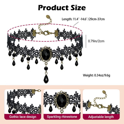 Gothic Black Choker Necklace for Women ,Adjustable Vintage Goth Velvet Lace Collar Crystal Pendent Necklace