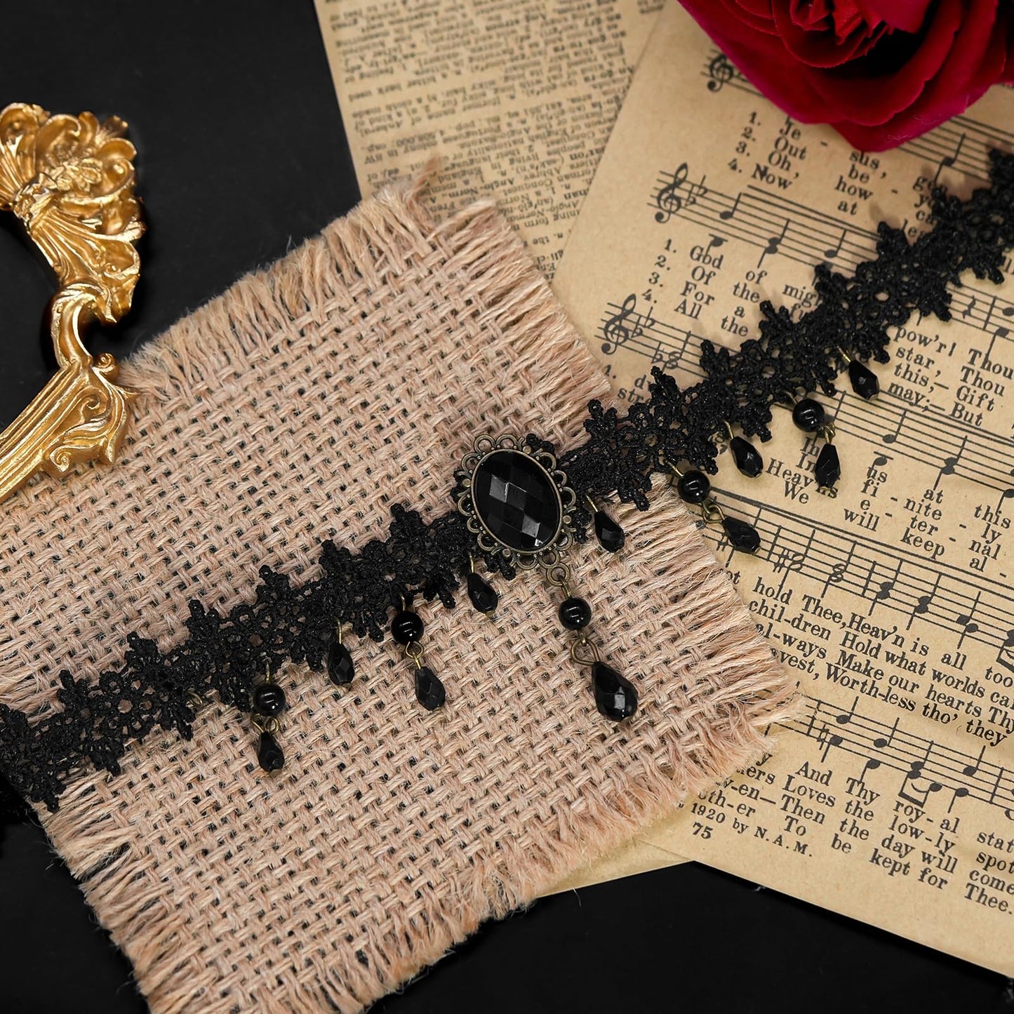 Gothic Black Choker Necklace for Women ,Adjustable Vintage Goth Velvet Lace Collar Crystal Pendent Necklace