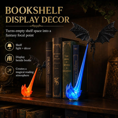 Dragon Bookshelf Nook Light, 3D Printed Fire-Breathing Dragon Decor with Flame Glow