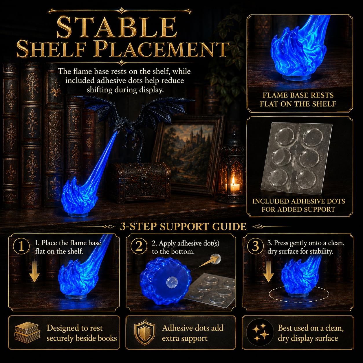 Dragon Bookshelf Nook Light, 3D Printed Fire-Breathing Dragon Decor with Flame Glow