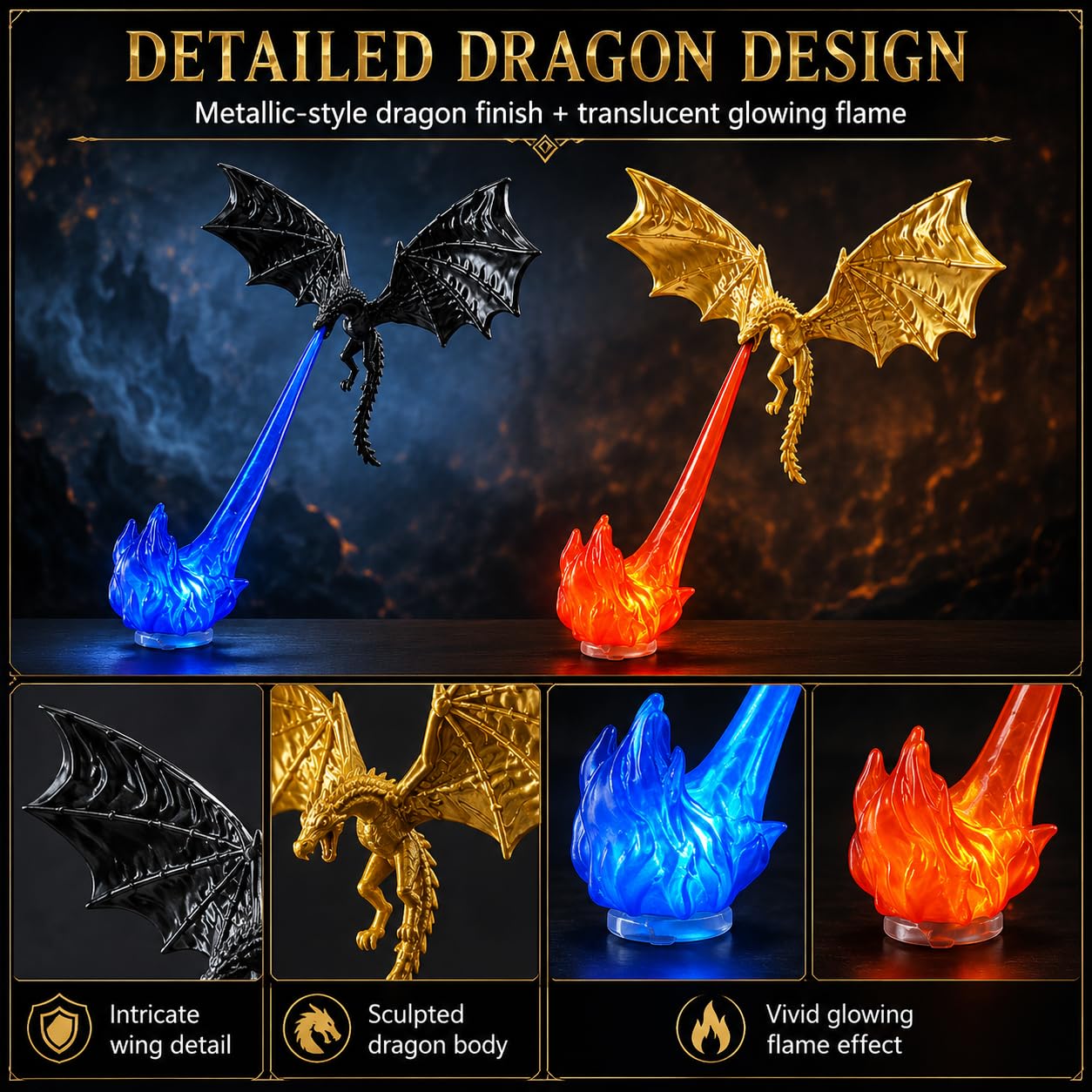 Dragon Bookshelf Nook Light, 3D Printed Fire-Breathing Dragon Decor with Flame Glow