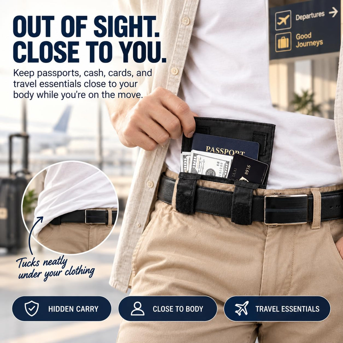 3-in-1 Travel Pocket Passport Holder Slim Wallet, Hidden Anti-theft Belt Pouch