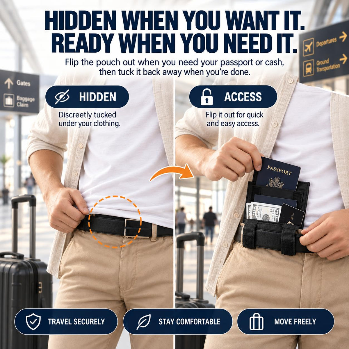3-in-1 Travel Pocket Passport Holder Slim Wallet, Hidden Anti-theft Belt Pouch