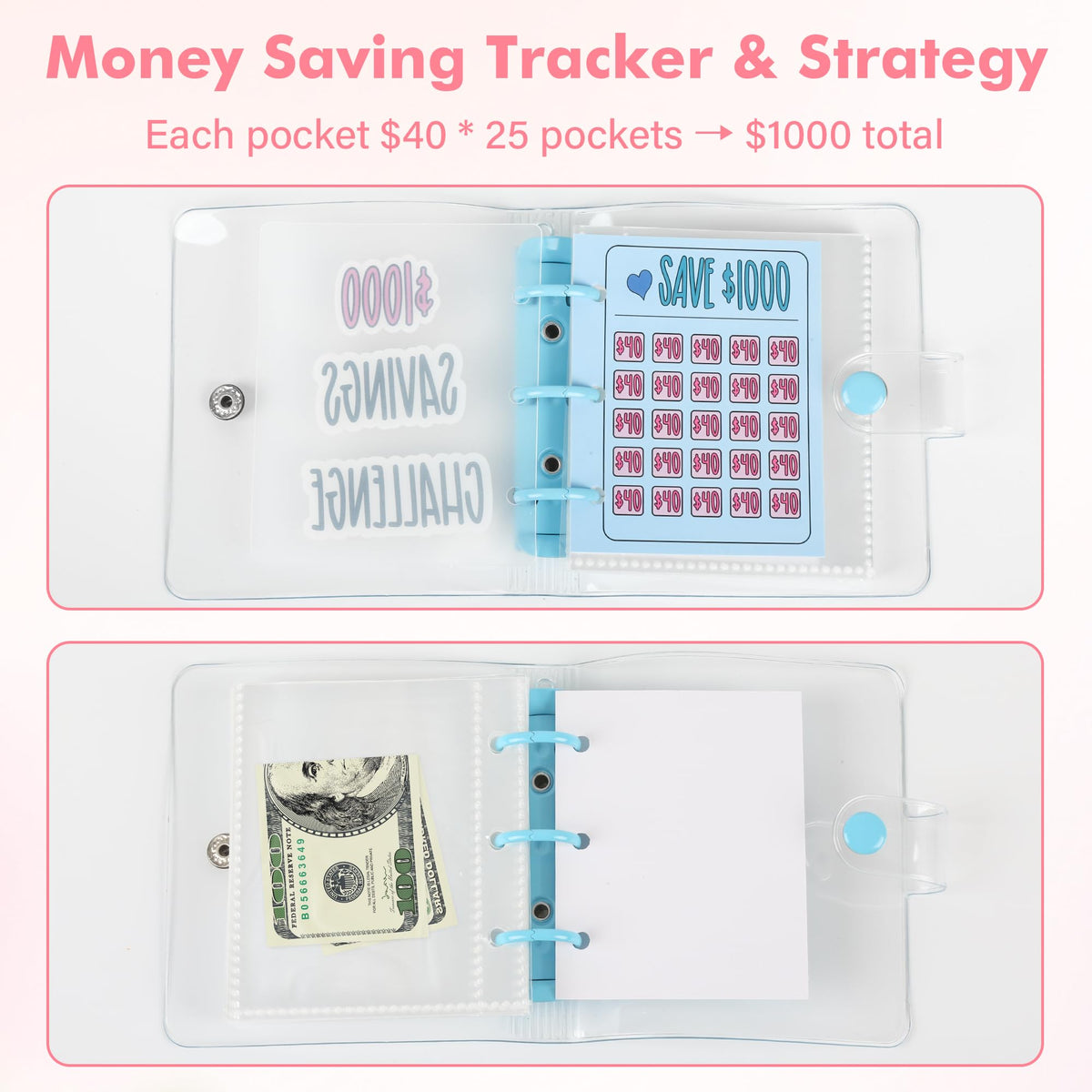 2 Pack Mini Portable Money Saving Challenge Binder,Save $1000 Envelopes