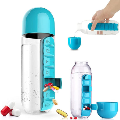 2 in 1 Pill Box Cup Organizer with Water Bottle, 7 Day Pill Organizer Case, 600 ML Daily Medicine Storage Box
