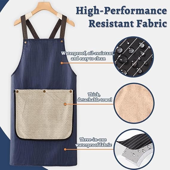 Apron with Detachable Towel and Pockets,Cross-Back Design, Waterproof Lightweight Fabric