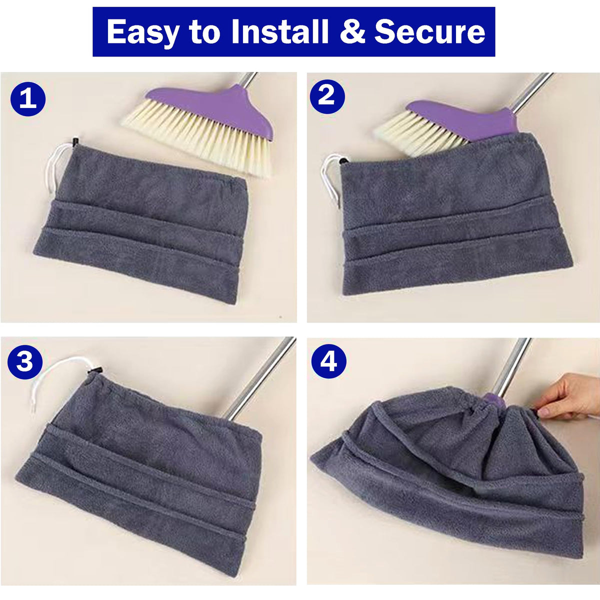 4 Pcs Broom Cloth Covers Wet or Dry Cleaning Mops with Adjustable Drawstring Closure