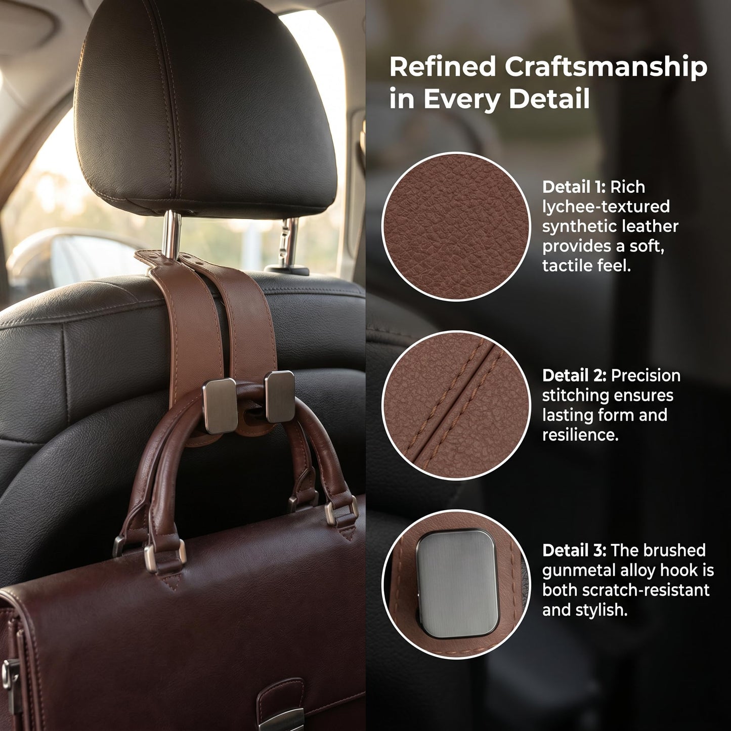 Headrest Hooks for Car, 4 Pack Car Seat Back Organizer Leather Hook