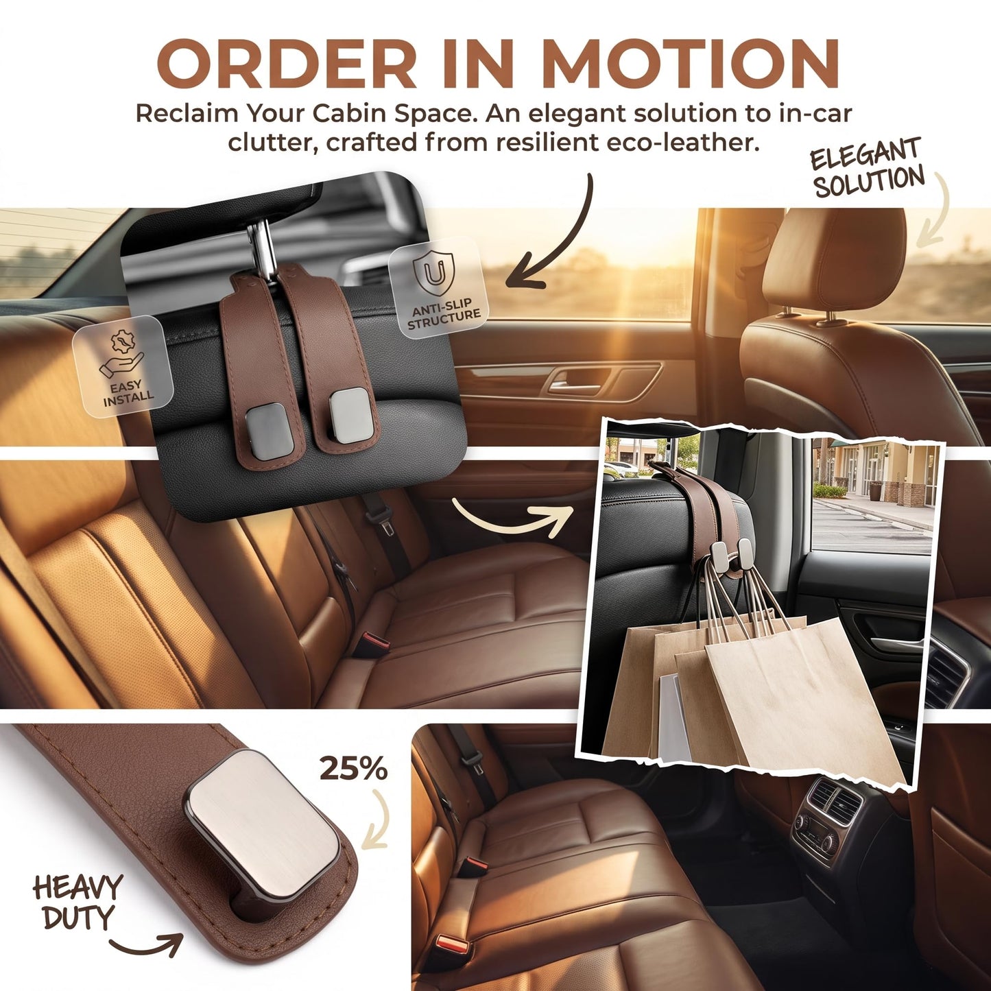 Headrest Hooks for Car, 4 Pack Car Seat Back Organizer Leather Hook