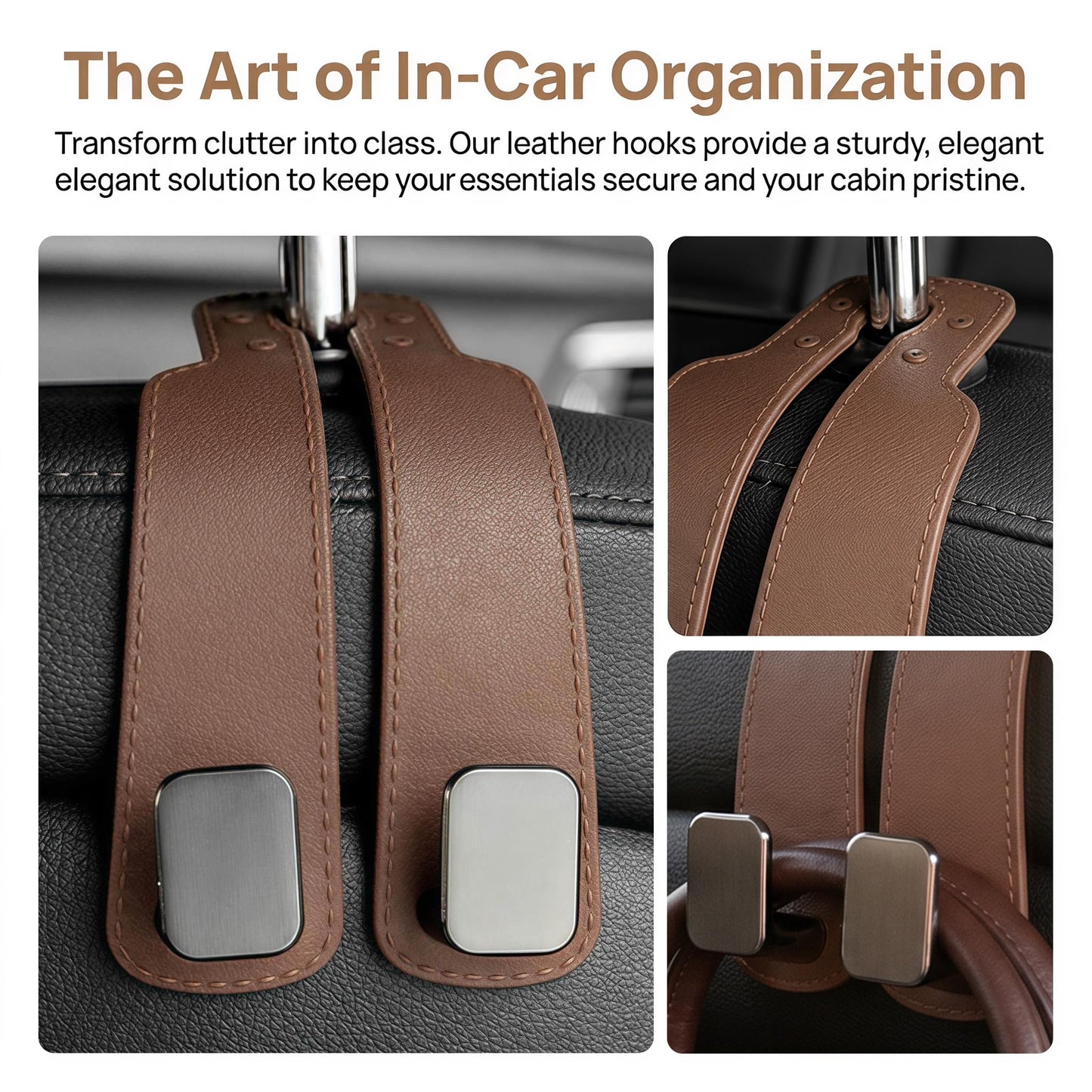 Headrest Hooks for Car, 4 Pack Car Seat Back Organizer Leather Hook
