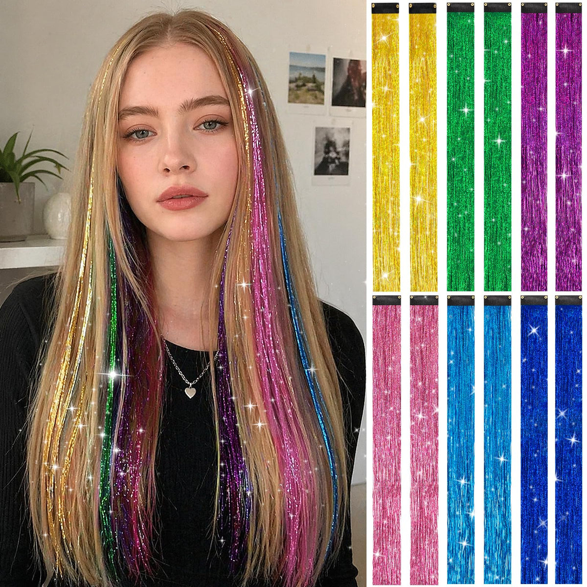 12PCS Hair Tinsel Clip In Glitter Fairy Tinsel Hair Extensions Gift
