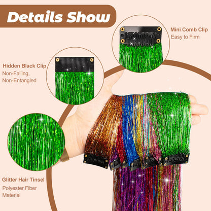 12PCS Hair Tinsel Clip In Glitter Fairy Tinsel Hair Extensions Gift