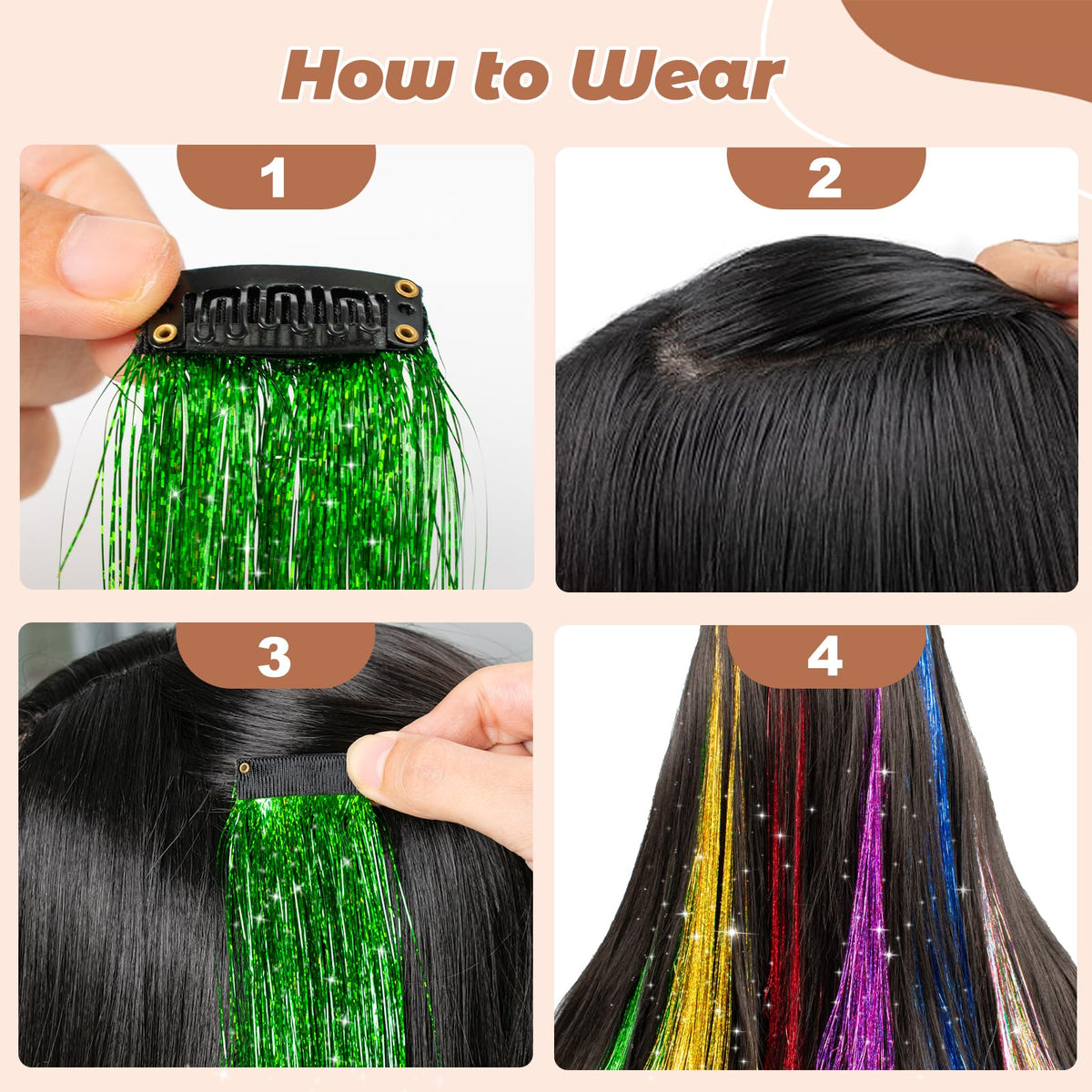 12PCS Hair Tinsel Clip In Glitter Fairy Tinsel Hair Extensions Gift