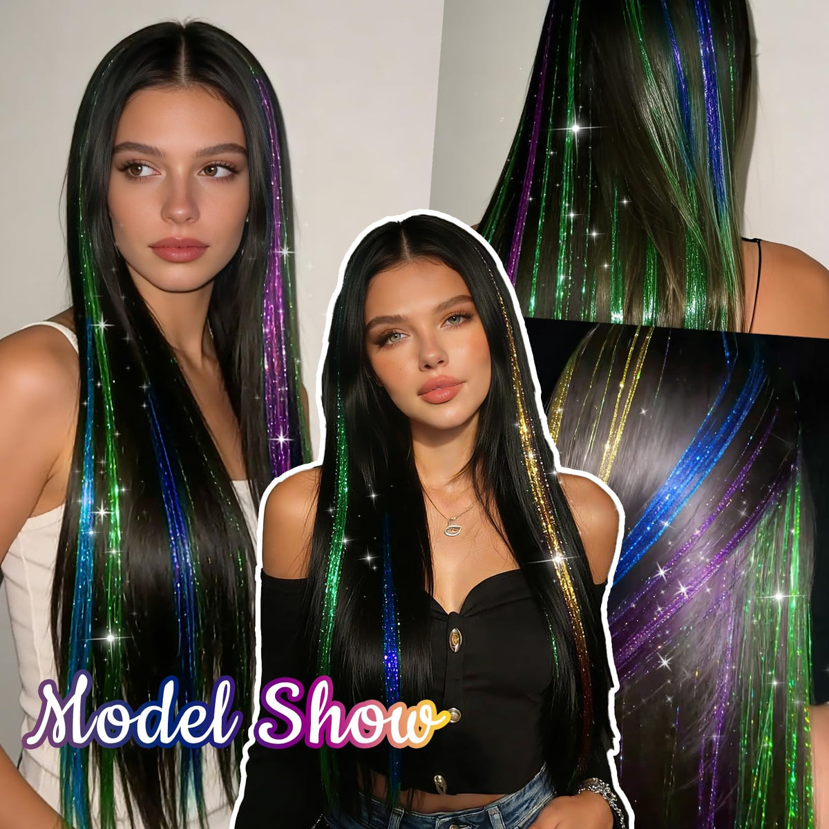 12PCS Hair Tinsel Clip In Glitter Fairy Tinsel Hair Extensions Gift