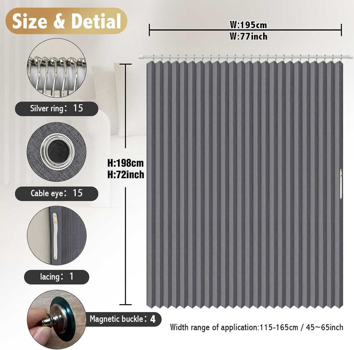 Folding Magnetic Waterproof Shower Curtain with Hooks, Acordion Polyester Shower Curtains for Bathroom