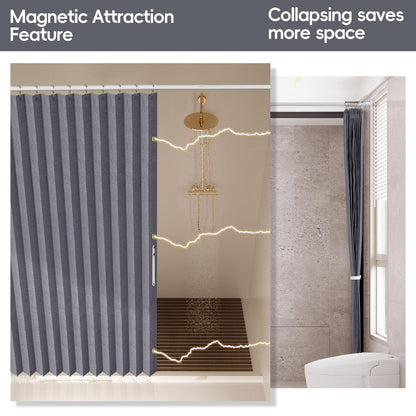 Folding Magnetic Waterproof Shower Curtain with Hooks, Acordion Polyester Shower Curtains for Bathroom