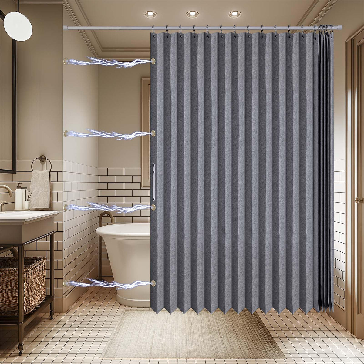 Folding Magnetic Waterproof Shower Curtain with Hooks, Acordion Polyester Shower Curtains for Bathroom