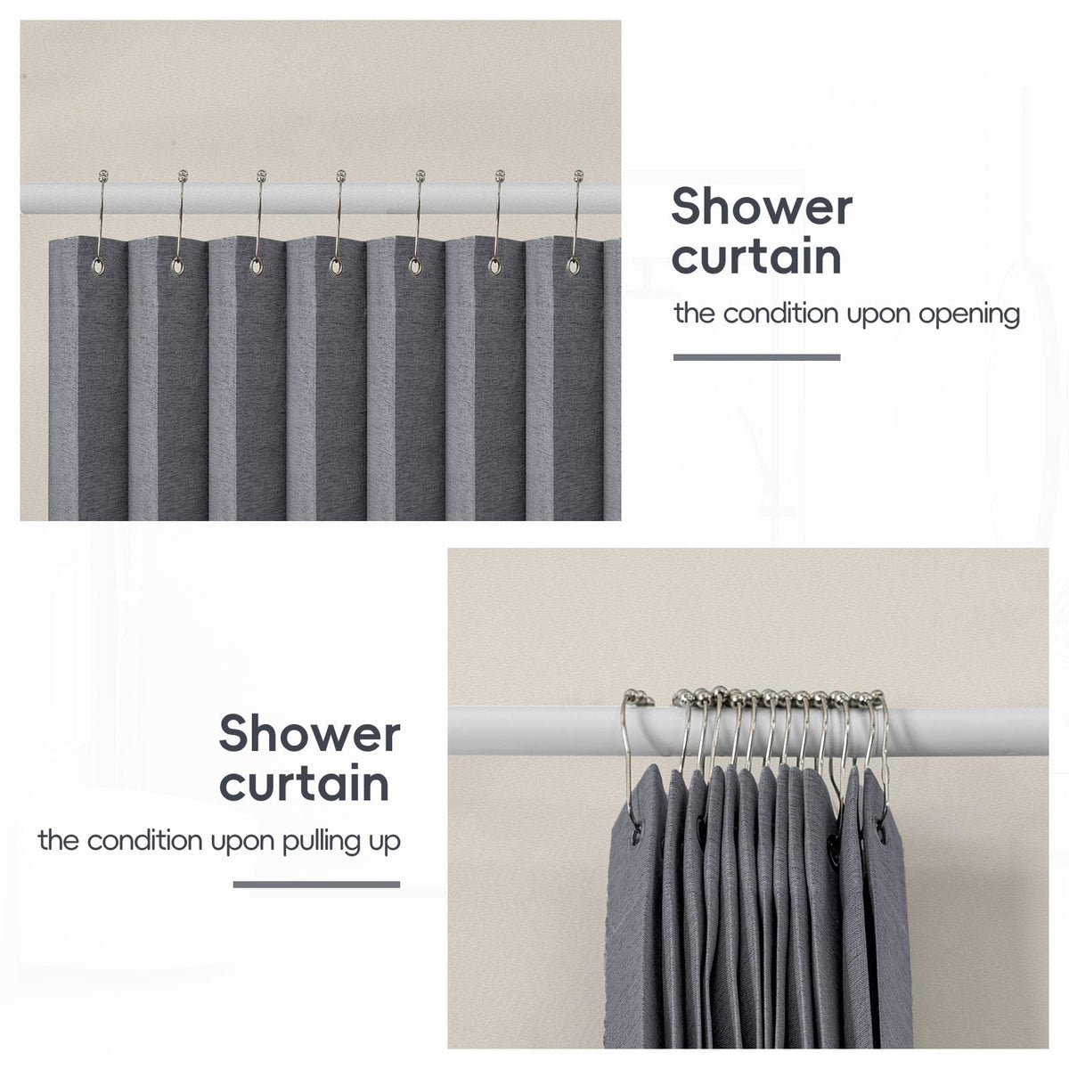 Folding Magnetic Waterproof Shower Curtain with Hooks, Acordion Polyester Shower Curtains for Bathroom
