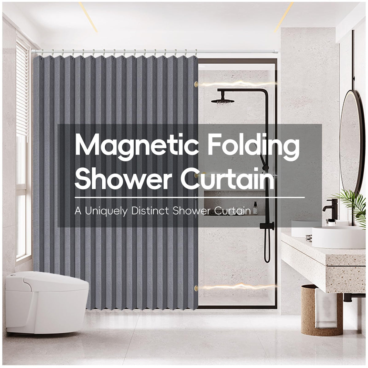 Folding Magnetic Waterproof Shower Curtain with Hooks, Acordion Polyester Shower Curtains for Bathroom