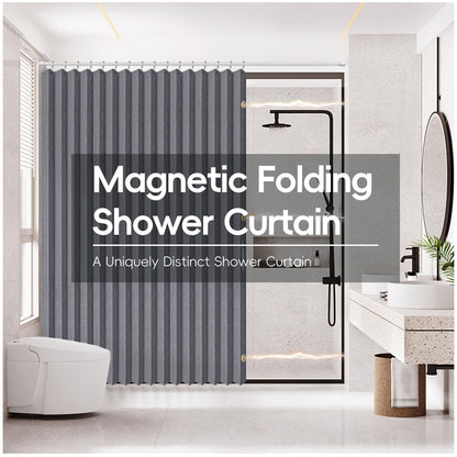 Folding Magnetic Waterproof Shower Curtain with Hooks, Acordion Polyester Shower Curtains for Bathroom