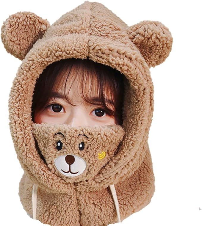 Women's Cute Bear Warm Knit Hat, All-in-One Windproof Winter Scarf and Outdoor Hood
