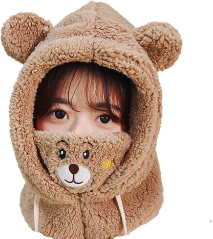 Women's Cute Bear Warm Knit Hat, All-in-One Windproof Winter Scarf and Outdoor Hood