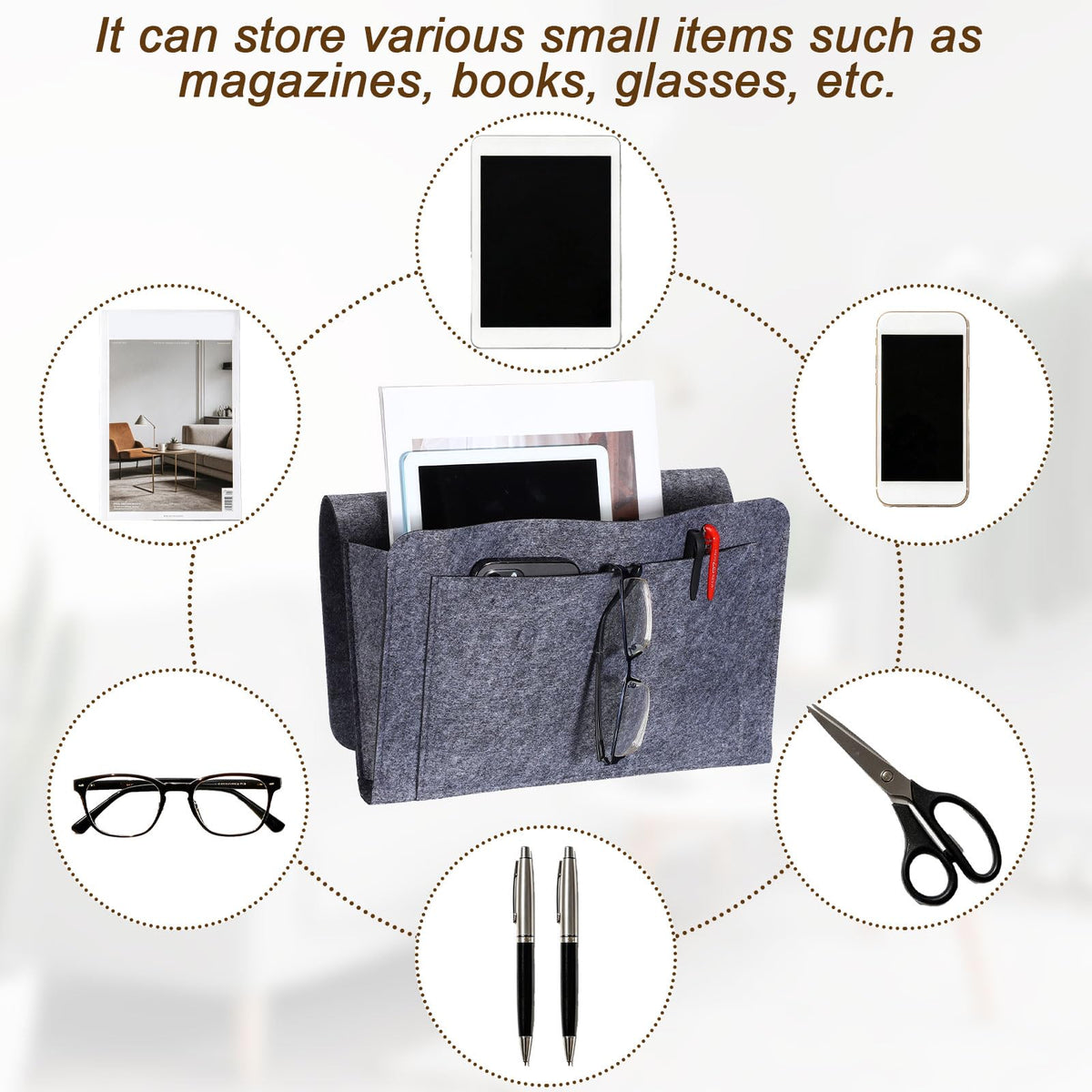 5 Pockets Felt Bedside Storage Organizer, Hanging Caddy for Bedroom Home