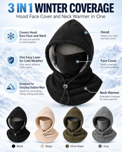 Winter Fleece Double Layer Balaclava Hood ,One-Piece 3-in-1 Warm Mask Hat