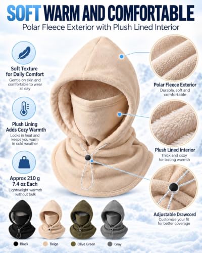 Winter Fleece Double Layer Balaclava Hood ,One-Piece 3-in-1 Warm Mask Hat