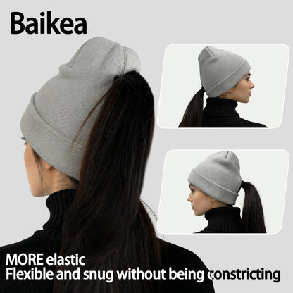 Magnetic Opening Ponytail Beanie Cap for Women Winter Knit Cuffed Hat