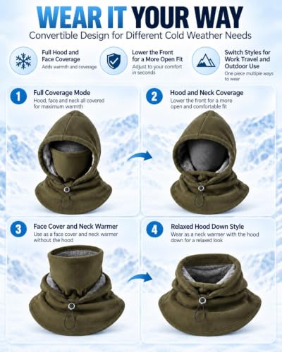 Winter Fleece Double Layer Balaclava Hood ,One-Piece 3-in-1 Warm Mask Hat
