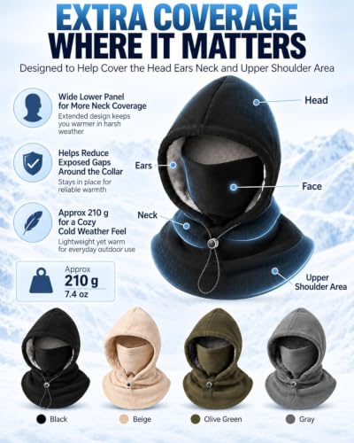 Winter Fleece Double Layer Balaclava Hood ,One-Piece 3-in-1 Warm Mask Hat