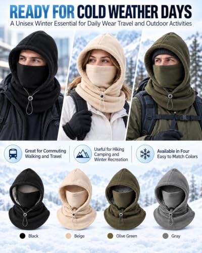 Winter Fleece Double Layer Balaclava Hood ,One-Piece 3-in-1 Warm Mask Hat