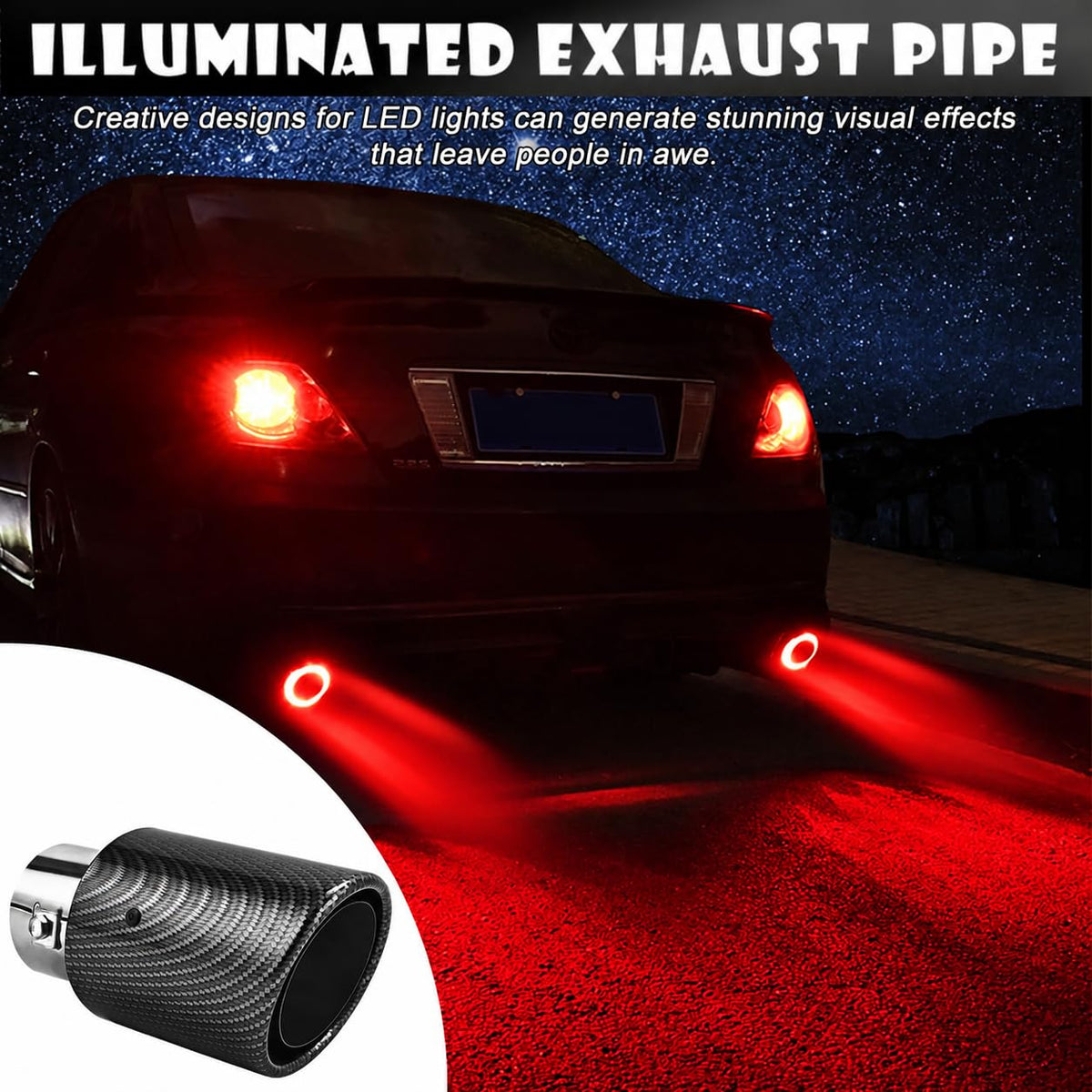 Auto LED Exhaust Tip Tailpipe ,Tip 60mm Straight Carbon Fiber Style Bolt Clamp On for Cars