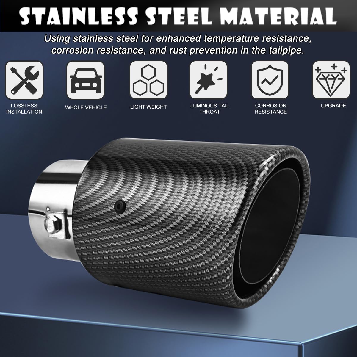 Auto LED Exhaust Tip Tailpipe ,Tip 60mm Straight Carbon Fiber Style Bolt Clamp On for Cars