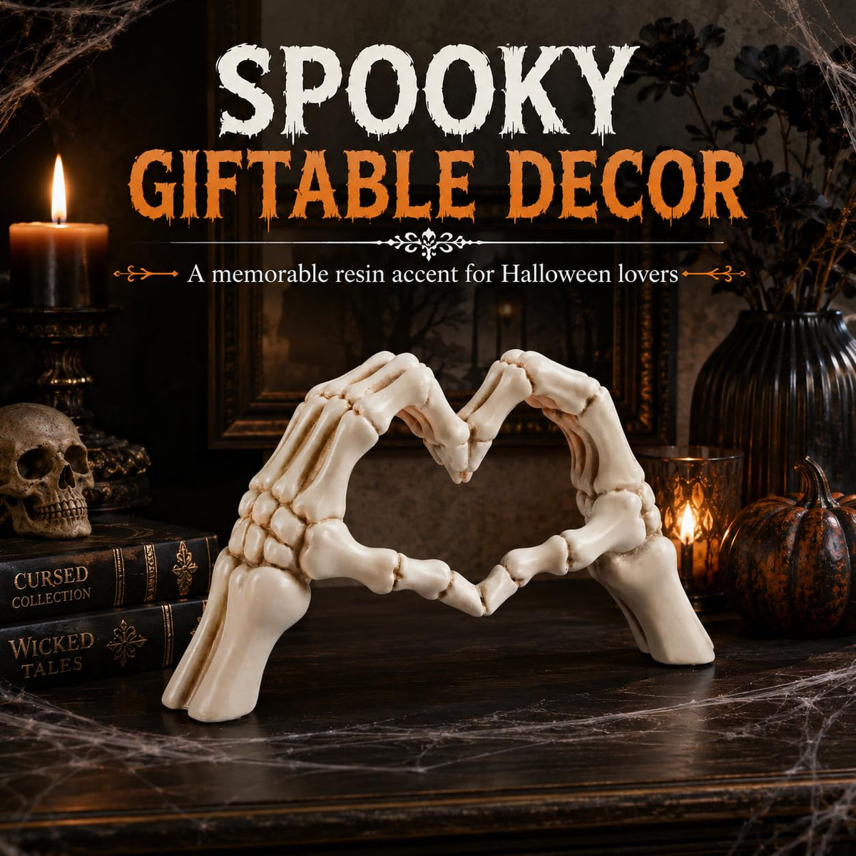 Skeleton Heart Hands Sculpture Resin Gothic Hand Statue