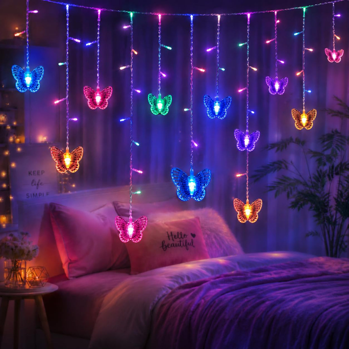 Butterfly Curtain Fairy Lights USB Plug in,8 Modes 120 LED 20FT Firefly Twinkle String Lights with Remote