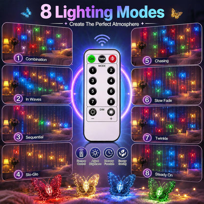 Butterfly Curtain Fairy Lights USB Plug in,8 Modes 120 LED 20FT Firefly Twinkle String Lights with Remote
